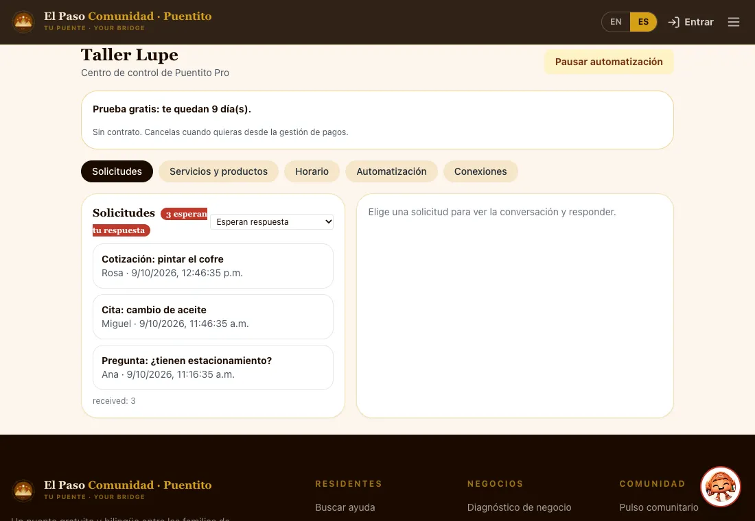 Bandeja de solicitudes del panel de Puentito Pro